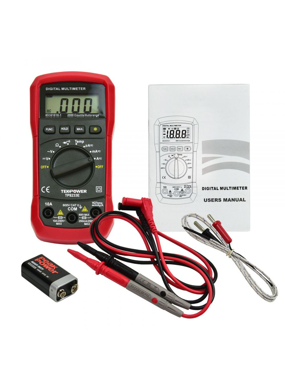 TekPower TP8233E Digital Multimeter AC DC Voltage Current Temperature Resistance Tester Ohmmeter Full Contents