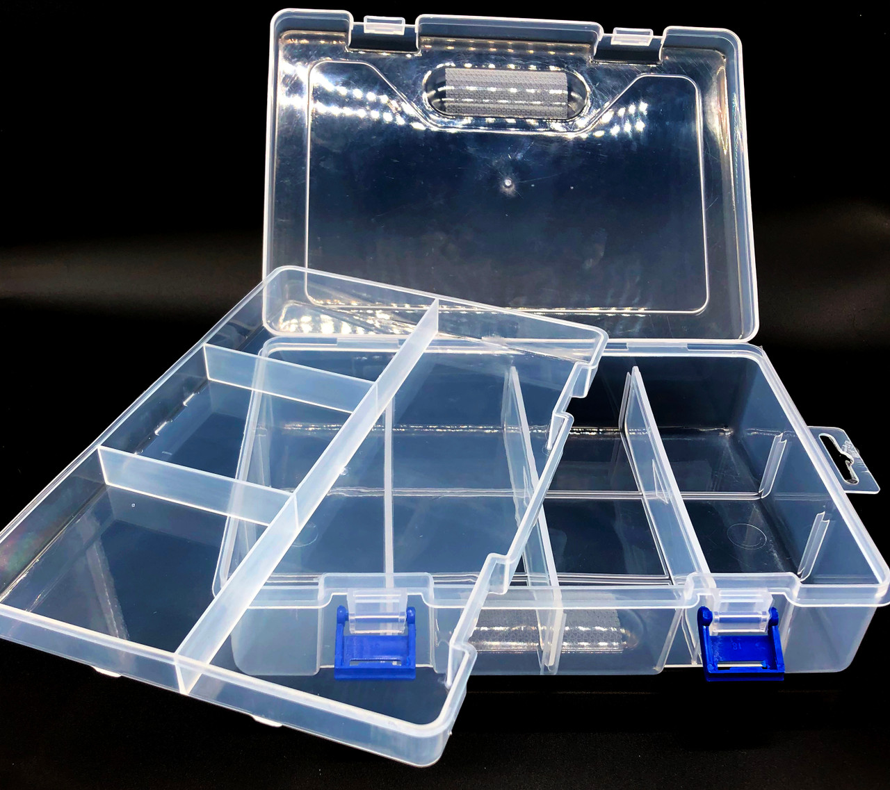 Two-layer storage box with dividers, clear polypropylene 9.21x6.6x2.45in.