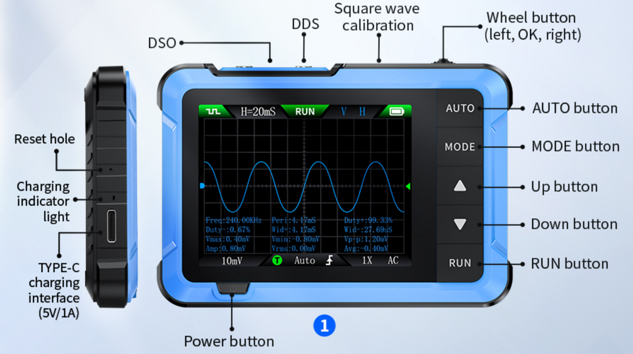 FNIRSI DSO-510 1-Channel Oscilloscope and DDS Signal Generator, 10MHz, 48 MS/s sample rate FNIRSI DSO-510 1-Channel Oscilloscope and DDS Signal Generator, 10MHz, 48 MS/s sample rate