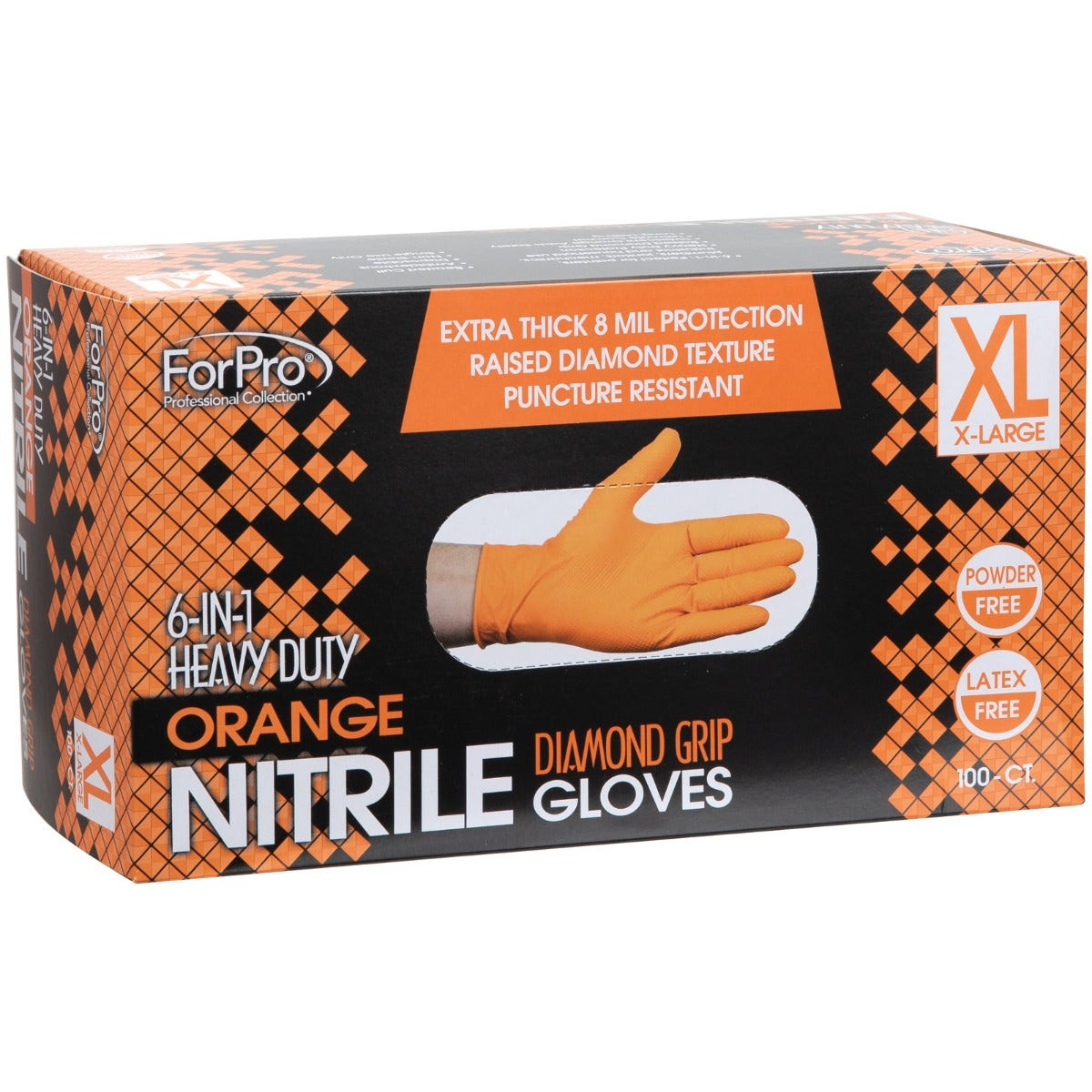ForPro 6-in-1 HD Orange Nitrile Diamond Grip Gloves XL 100ct - TNG