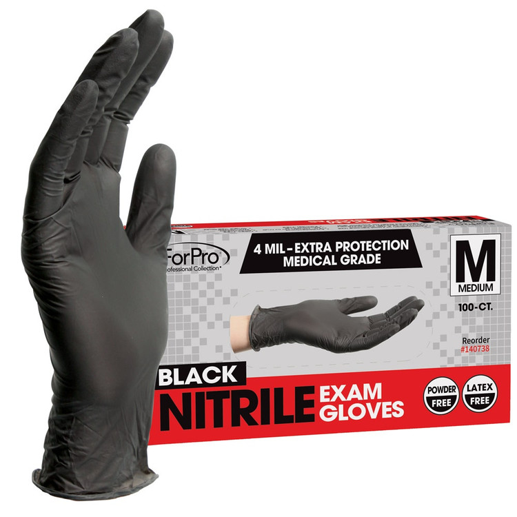 ForPro Black Nitrile Exam Gloves 4 Mil. Medium 100-Count