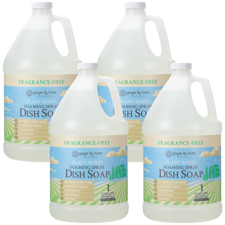 Ginger Lily Farms Botanicals Plant-Based Foaming Spray Dish Soap, Fragrance-Free, 1 Gallon Refill (Pack of 4)