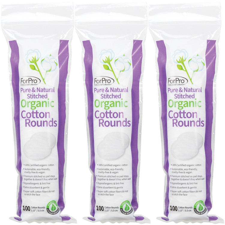 ForPro Pure & Natural Stitched Organic Cotton Rounds (Pack of 3 – 100 Cotton Rounds)