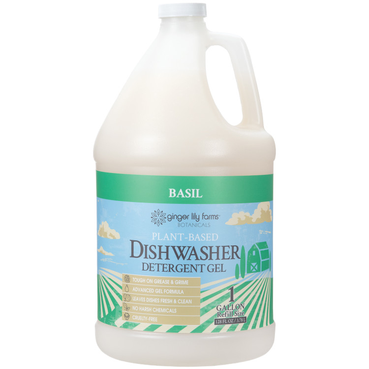 Ginger Lily Farms Botanicals Plant-Based Dishwasher Detergent Gel, Basil, 1 Gallon Refill