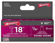 Arrow Fastener 187 T18 7/16 Inch (11mm) Staples, 1000/Pk