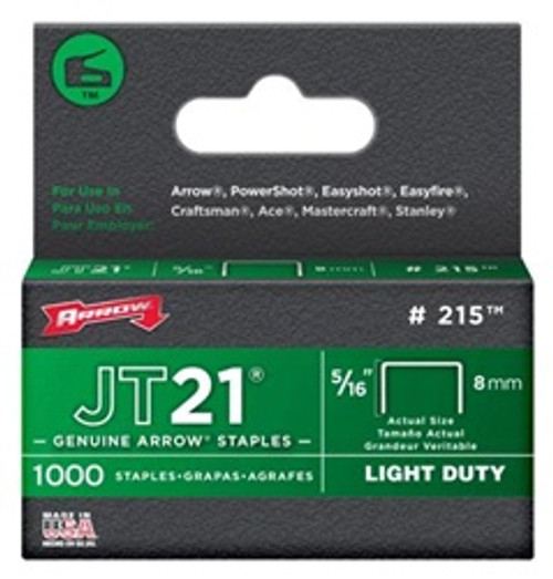 Arrow Fastener 215 JT21 5/16 Inch (8mm) Staples, 1000/Pk