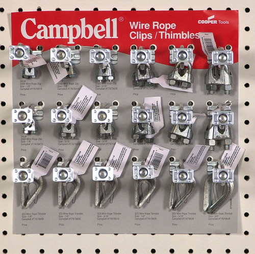 Campbell 0720058 Display, 12" x 12" Wire Rope Clips and Thimbles Assortment
