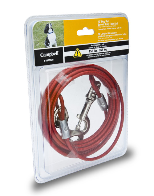 Campbell 5970820 1/8-3/16"x20' Red Coated, Galvanized Cable, w/ Swivel Snaps on each end