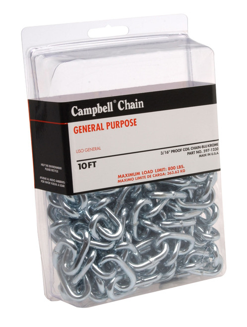 Campbell 5971230 3/16" Grade 30 Proof Coil Chain, Blu-Krome, 10' per Plastic Clamshell