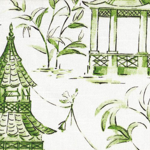 Pagodas Jade Green & Gray Oriental Toile Pinch-Pleated Curtain Panels