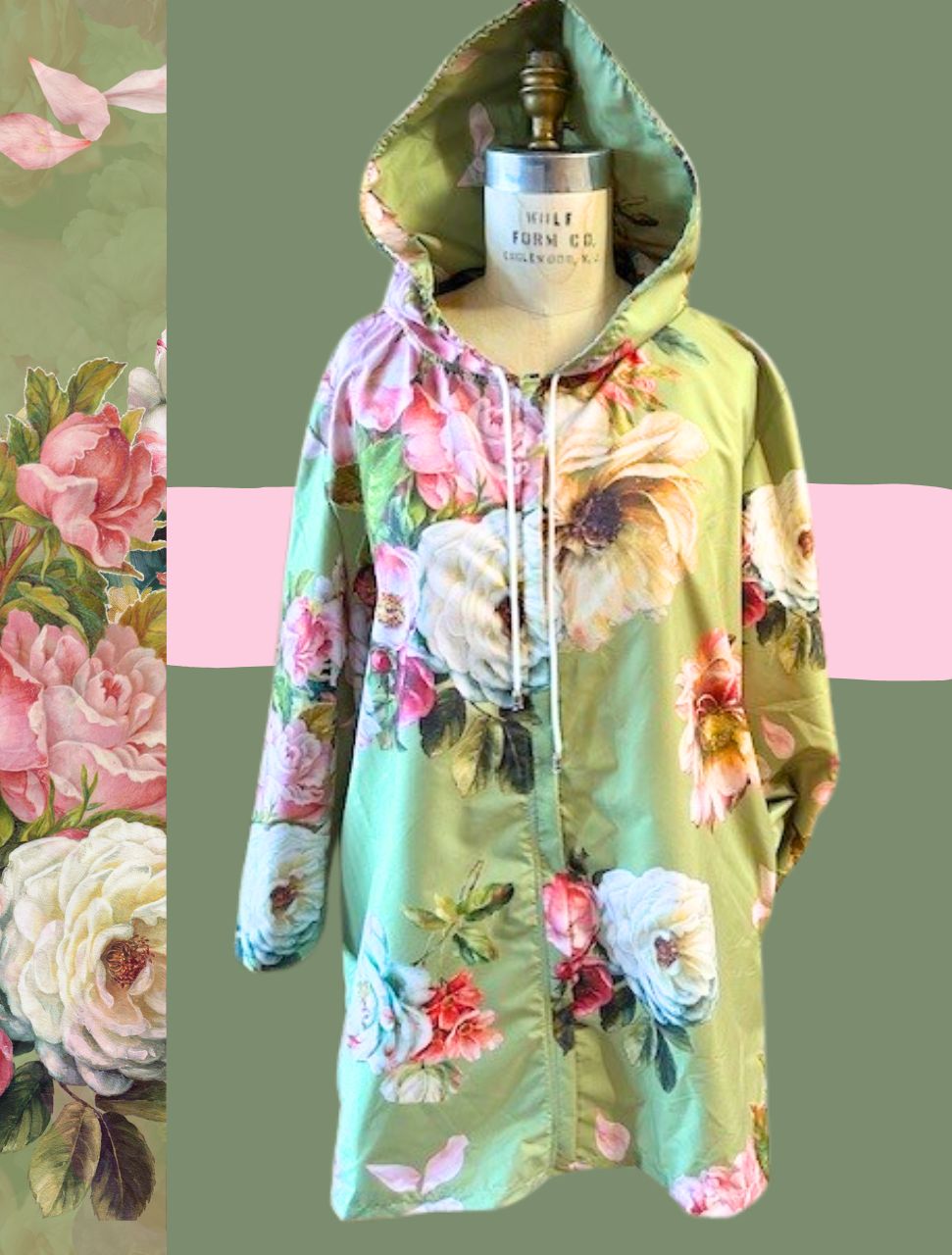 Hooded Raincoat - Ivory Rose on Sage