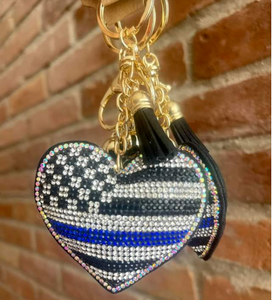 Blueline Flag HeartCrystal Keychain