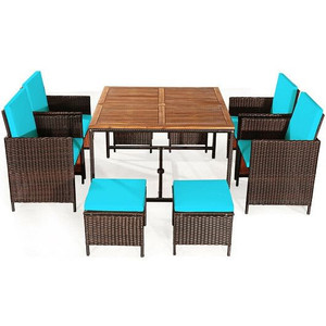 9 Pieces Patio Rattan Dining Cushioned Chairs Set-Turquoise - Color: Turquoise D681-HW70674TU+