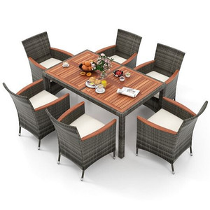7 Pieces Patio Acacia Wood Cushioned PE Rattan Wicker Dining Set - Color: Brown D681-HW71526+