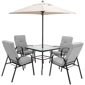 6 Pieces Patio Dining Set with Umbrella and Stackable Cushioned Chairs - Color: Gray D681-NP10405+