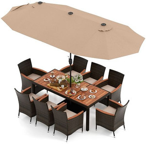 10 Piece Outdoor Dining Set with 15 Feet Double-Sided Twin Patio Umbrella-Brown - Color: Brown D681-NP10209CF+HW71525+