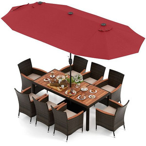 11 Pieces Patio Dining Set with 15 Feet Double-Sided Patio Umbrella and Base-Wine - Color: Wine D681-NP11368WN+HW71814+ 11 Pieces Patio Dining Set with 15 Feet Double-Sided Patio Umbrella and Base-Wine - Color: Wine D681-NP11368WN+HW71814+