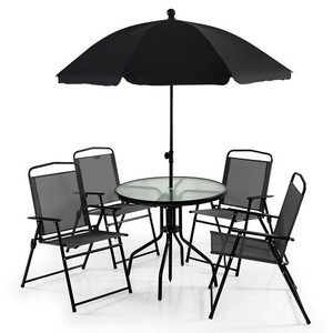 6 Pieces Patio Dining Set Folding Chairs Glass Table Tilt Umbrella for Garden-Gray - Color: Gray D681-NP10472GR