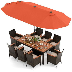 11 Pieces Patio Dining Set with 15 Feet Double-Sided Patio Umbrella and Base-Orange - Color: Orange D681-NP11368OR+HW71814+