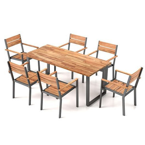 7 Pieces Acacia Wood Patio Dining Set with Metal Frame and 2 Inches Umbrella Hole - Color: Rustic B D681-HW73181+