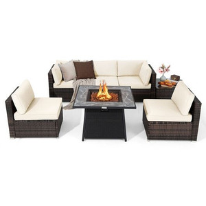 7 Pieces Patio Furniture Set with 35 Inches 50000 BTU Propane Gas Fire Pit Table and Waterproof Cov D681-NP10262DK+HW67937WHA+