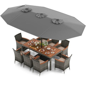 10 Pieces Patio Wicker Dining Set with 15 Feet Double-Sided Patio Umbrella-Gray - Color: Gray D681-NP10209SL+HW71816+