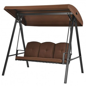 Outdoor 3-Seat Porch Swing with Adjust Canopy and Cushions-Coffee - Color: Brown D681-NP10090WL-CF