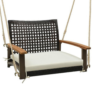 Single Rattan Porch Swing with Armrests Cushion and Hanging Ropes-White B593-HW71607