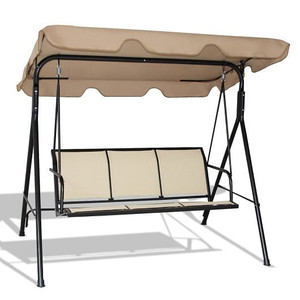 3 Person Steel Frame Patio Swing with Polyester Angle and Adjustable Canopy-Brown - Color: Brown D681-OP70492ZS