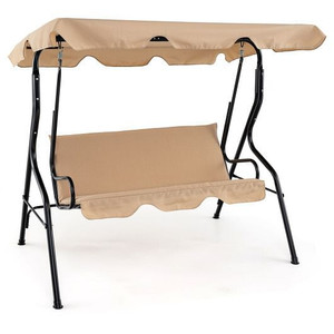 3 Seat Outdoor Patio Canopy Swing with Cushioned Steel Frame-Beige - Color: Beige D681-OP70491MS
