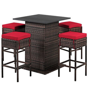 5 Pieces Patio Rattan Bar Table Stool Set Hidden Storage Shelf Cushioned-Red - Color: Red D681-HW68244RE+