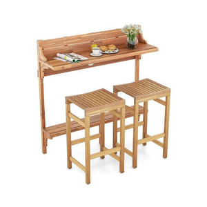 3 Pieces Patio Acacia Wood Bar Table Set with Footrest Curved Wood Seat - Color: Natural D681-HW72357