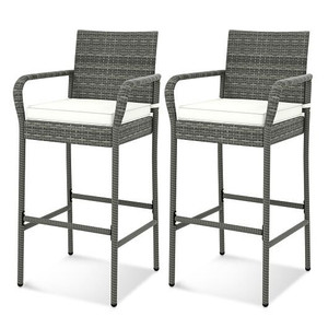 Patio Wicker Barstools with Armrests and Soft Cushions for Porch Backyard Set of 2 - Color: Gray D681-HW71636-2