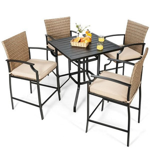 5 Pieces Outdoor Rattan Bistro Bar Stool Table Set with Cushions - Color: Black D681-NP10141+