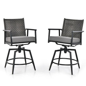 360 Degree Swivel Bar Stool Set of 2 with Metal Frame and PE Rattan Backrest-Black - Color: Black D681-NP11336DK-2