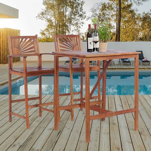 3 Pieces Acacia Wood Patio Bar Set with Sunflower Patterned Backrest B593-NP10736