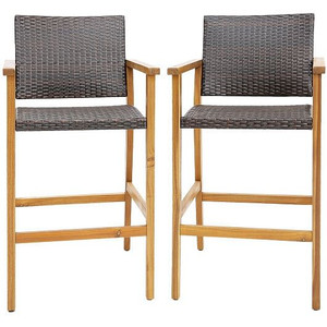 Set of 2 PE Wicker Patio Bar Chairs with Acacia Wood Armrests-Set of 2 - Color: Brown D681-HW71478-2