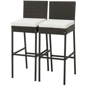 2 Pieces Patio Cushioned Wicker Barstools with Cozy Footrest-Set of 2 - Color: Off White D681-HW70817-2