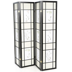 Black 4-Panel Room Divider Shoji Screen with Asian Floral Print Q280-WFPRD9531