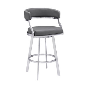 30" Gray And Silver Faux Leather And Iron Swivel Low Back Bar Height Bar Chair N270-477143