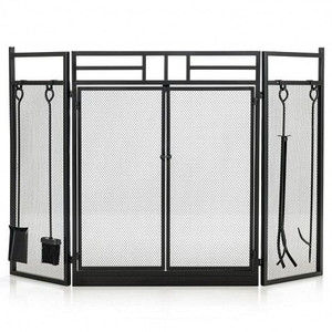 3-Panel Folding Wrought Iron Fireplace Screen with Doors and 4 Pieces Tools Set-Black - Color: Black D681-JV10064BK