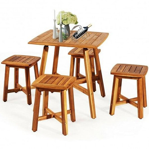 5 Pieces Wood Patio Dining Set with Square Table and 4 Stools B593-HW65874