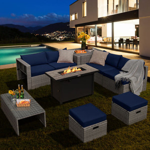 9 Pieces Patio Furniture Set with 42 Inches 60000 BTU Fire Pit-Navy - Color: Navy D681-OP70369+HW68604NY+