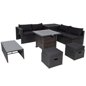 9 Pieces Patio Furniture Set with 32" Fire Pit Table and 50000 BTU Square Propane Fire Pit-Black -  D681-NP10618CF+HW68605DK+