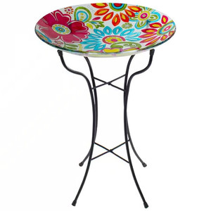 18-inch Blue Yellow Red Pastel Flowers Painted Glass Outdoor Bird Bath w/ Stand Q280-NLPBOP739518364