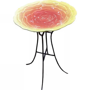 Outdoor Yellow Pink Ceramic Floral Birdbath with Metal Stand Q280-YBLMS475328961