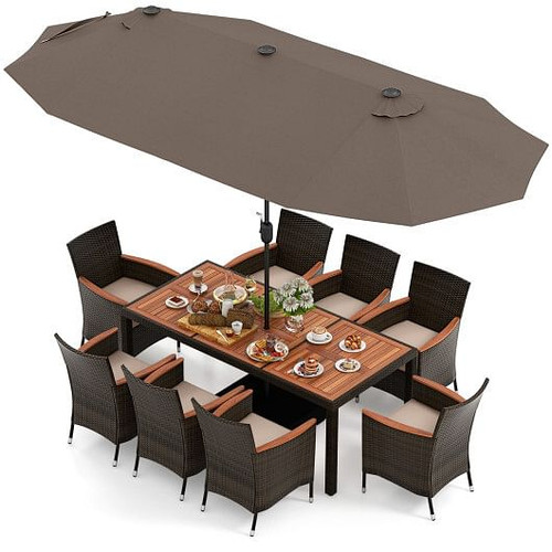 11 Pieces Patio Dining Set with 15 Feet Double-Sided Patio Umbrella and Base-Coffee - Color: Coffee D681-NP11368CF+HW71814+ 11 Pieces Patio Dining Set with 15 Feet Double-Sided Patio Umbrella and Base-Coffee - Color: Coffee D681-NP11368CF+HW71814+