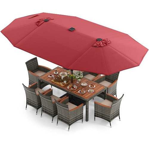 11 Pieces Patio Dining Set with 15 Feet Double-Sided Patio Umbrella Base Included-Wine - Color: Win D681-NP11368WN+HW71816+ 11 Pieces Patio Dining Set with 15 Feet Double-Sided Patio Umbrella Base Included-Wine - Color: Win D681-NP11368WN+HW71816+