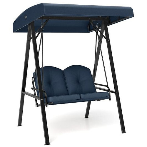 2-Person Outdoor Porch Swing with A-Shaped Metal Stand and Adjustable Canopy-Navy - Color: Navy D681-NP12258NY 2-Person Outdoor Porch Swing with A-Shaped Metal Stand and Adjustable Canopy-Navy - Color: Navy D681-NP12258NY