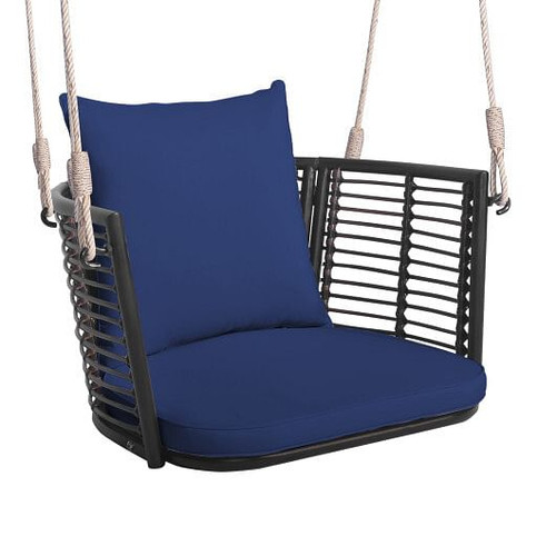 Single Person Hanging Seat with Woven Rattan Backrest for Backyard-Blue - Color: Blue D681-HW71332NY Single Person Hanging Seat with Woven Rattan Backrest for Backyard-Blue - Color: Blue D681-HW71332NY